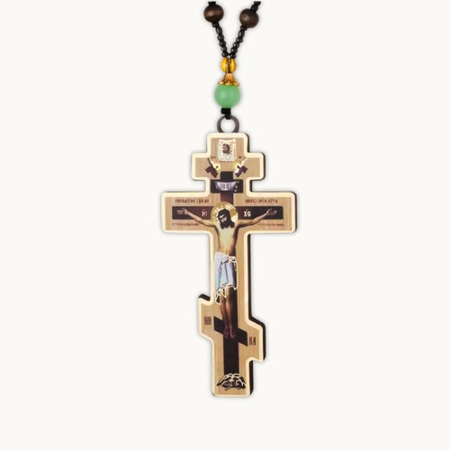 Collier croix orthodoxe en bois avec pendentif et perles marron