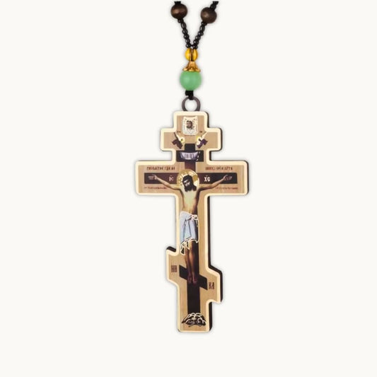 Collier croix orthodoxe en bois avec pendentif et perles marron