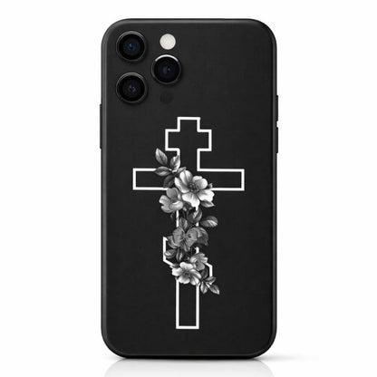 Coque de téléphone noire avec la croix orthodoxe en fleurs sur un iPhone