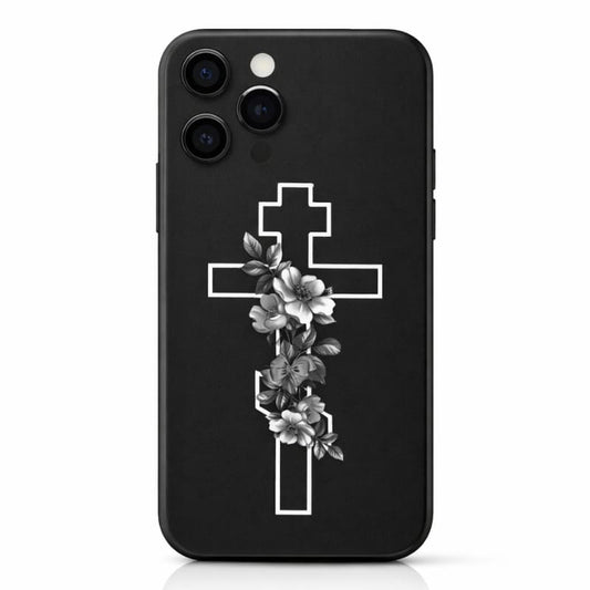 Coque de téléphone noire avec la croix orthodoxe en fleurs sur un iPhone