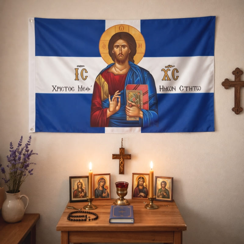 Drapeau orthodoxe grec de couleur bleu avec Jésus Christ au dessus d'un coin de prière