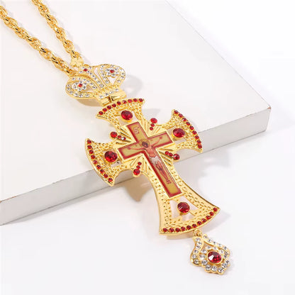 Long Pendant Necklace, Gold-Tone Pectoral Cross — Crucifixion, Red Stones, Worn Low