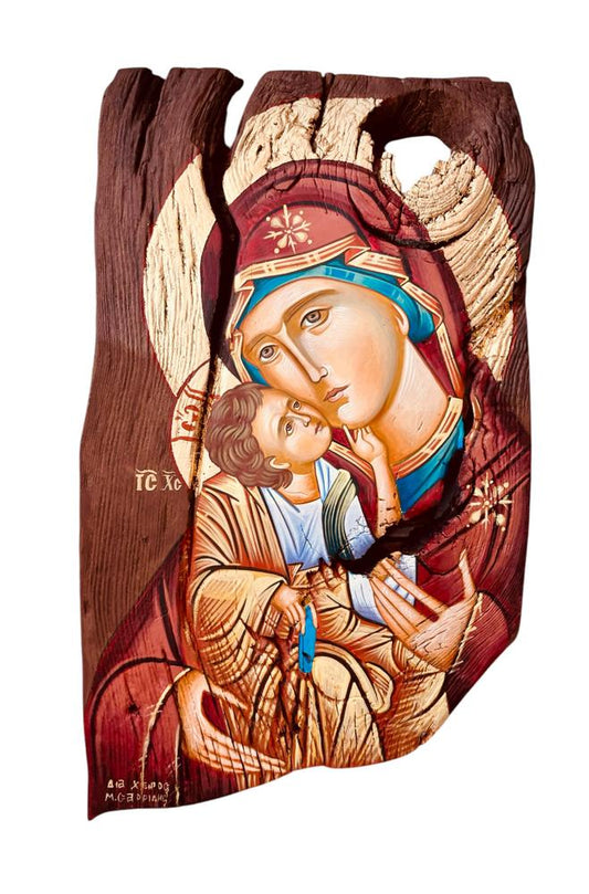 Icône de la Vierge Glykophilousa (Douce Tendresse) — Halo en Or 24 Carats