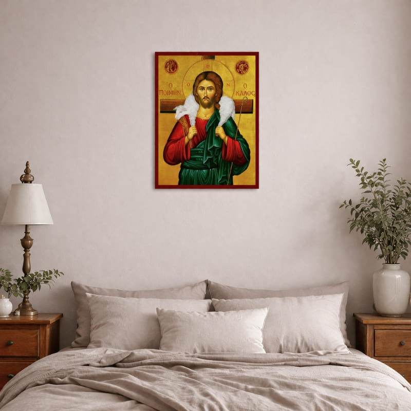 Icône orthodoxe du Christ Bon pasteur avec l'agneau dans une chambre