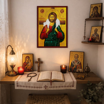 Icône orthodoxe du Christ Bon Pasteur dans un coin de prière