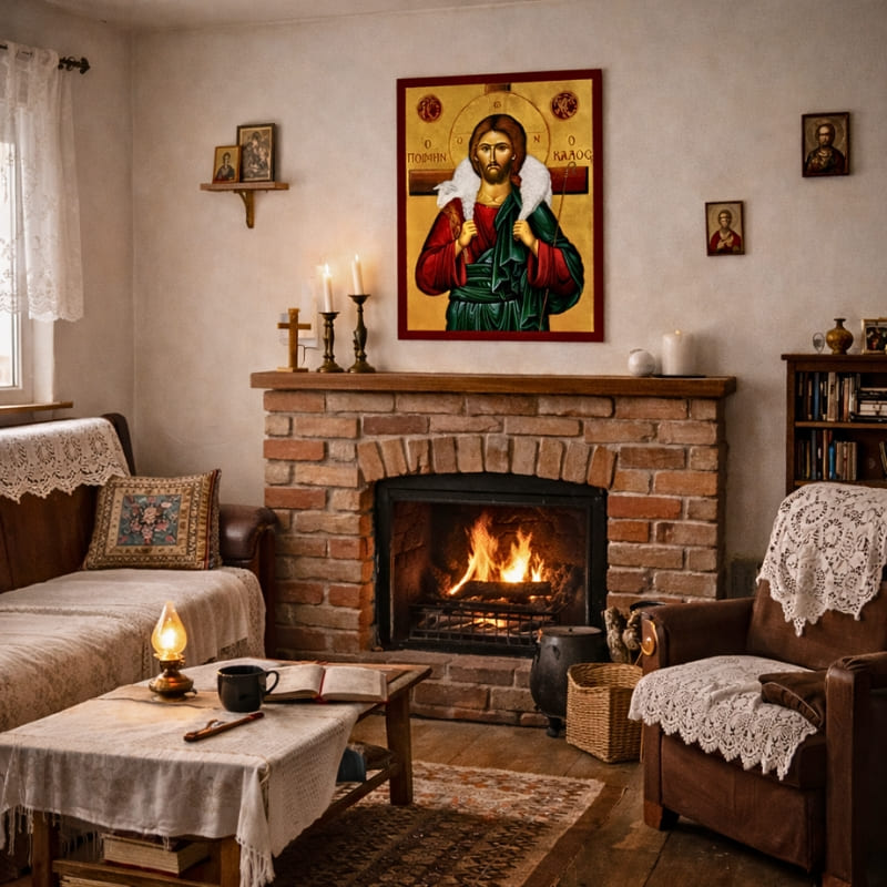 Icone orthodoxe de Jésus Christ Bon Pasteur dans le salon d'une maison