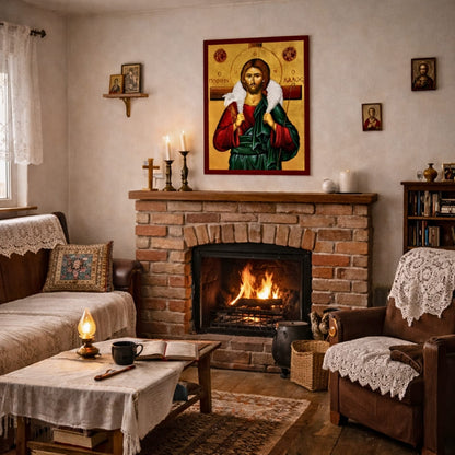 Icone orthodoxe de Jésus Christ Bon Pasteur dans le salon d'une maison