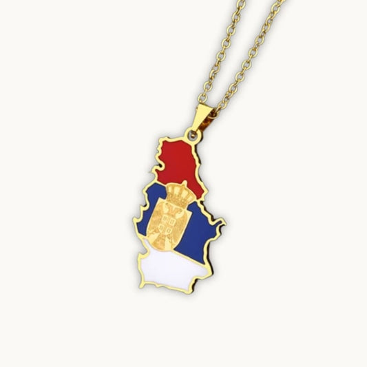 Pendentif carte de Serbie finition or avec drapeau serbe – bijou patriotique