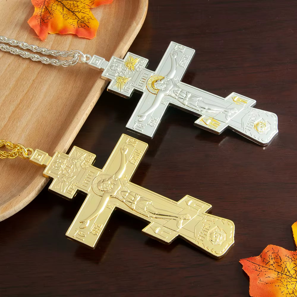 Croix Pectorale Orthodoxe avec Crucifix de Jésus — Pendentif en Alliage Métal