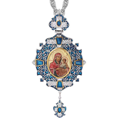 Collier pendentif croix pectorale argentée, émail bleu, icône de la Théotokos, chaîne longue.