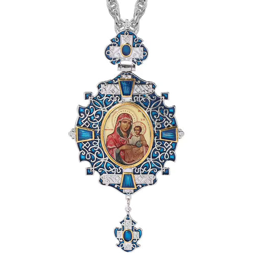 Collier pendentif croix pectorale argentée, émail bleu, icône de la Théotokos, chaîne longue.