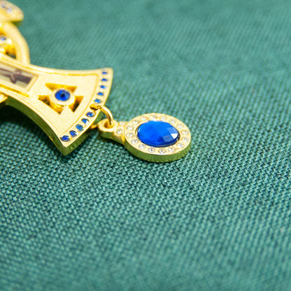 Croix Pectorale Russe Plaquée Or avec Pierre Rouge — Collier Prêtre Orthodoxe