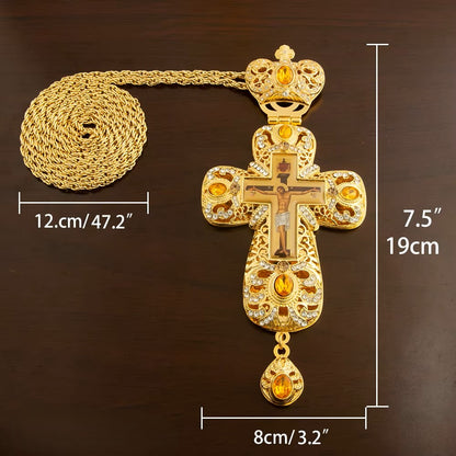 Croix Pectorale Orthodoxe Grecque Dorée avec Crucifix — Collier pour Prêtre ou Évêque
