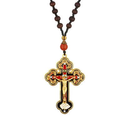 Orthodox Cross Necklace with Wooden Rosary — Unisex Crucifix Pendant  