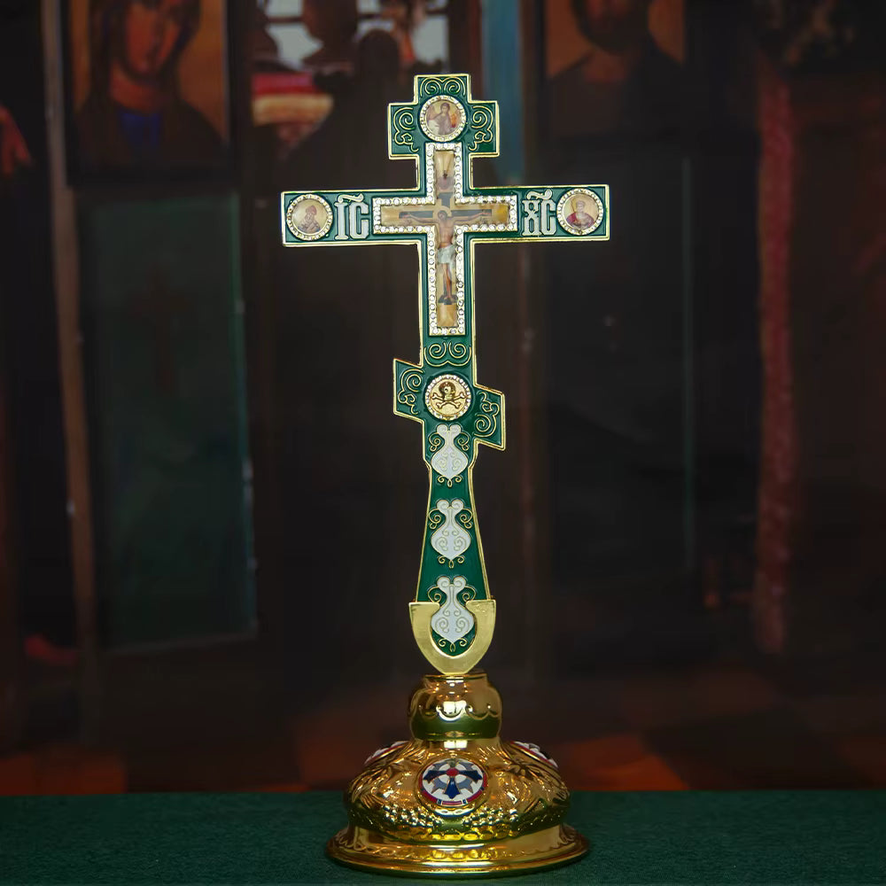Croix Orthodoxe de Bénédiction Émaillée avec Support