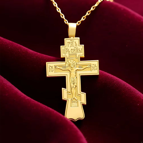 Collier Croix Orthodoxe Orientale avec Crucifix — Pendentif Plaqué Or ou Argent pour Homme