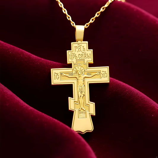 Collier Croix Orthodoxe Orientale avec Crucifix — Pendentif Plaqué Or ou Argent pour Homme