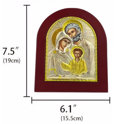 Icône Orthodoxe Grecque Sainte Famille Byzantine — Cadre Bois et Alliage Doré, 19 cm