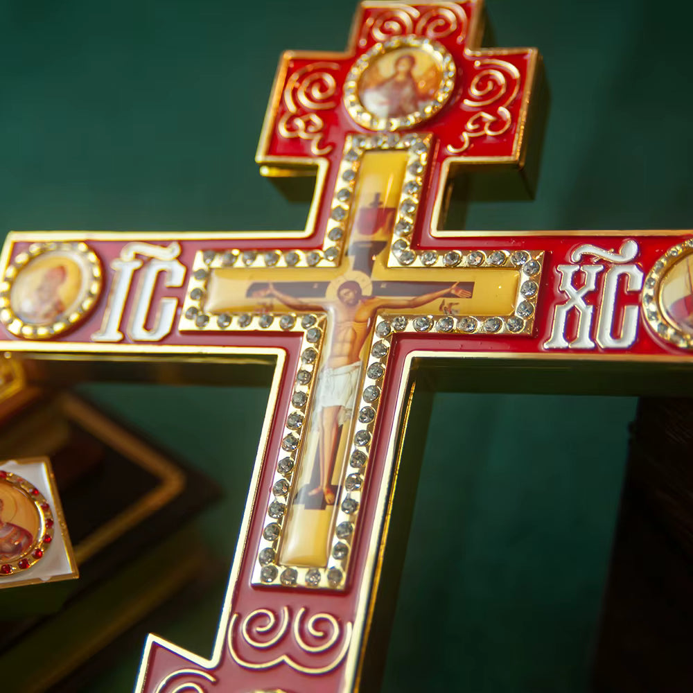 Croix Orthodoxe de Bénédiction Émaillée avec Support