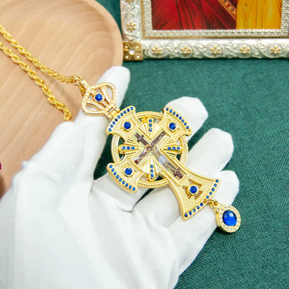 Croix Pectorale Russe Plaquée Or avec Pierre Rouge — Collier Prêtre Orthodoxe