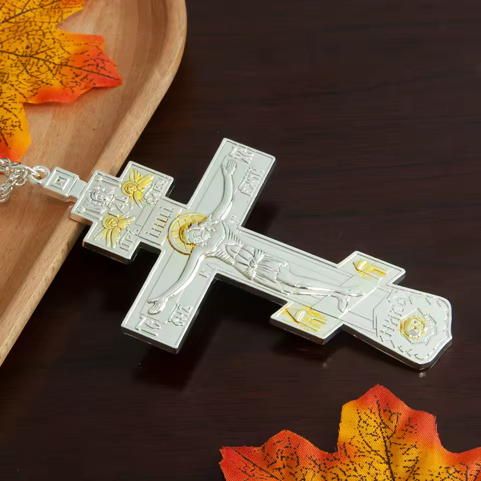 Croix Pectorale Orthodoxe avec Crucifix de Jésus — Pendentif en Alliage Métal