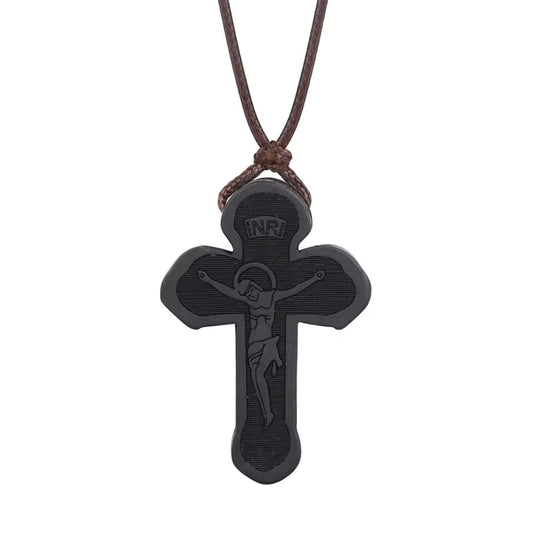 Collier Croix Orthodoxe Russe en Bois d'Ébène