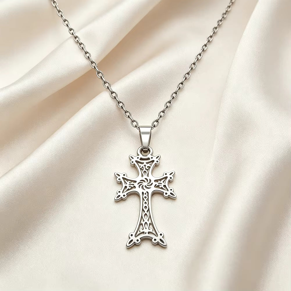 Armenian Cross Necklace, Ornate Openwork Pendant, Silver-Tone