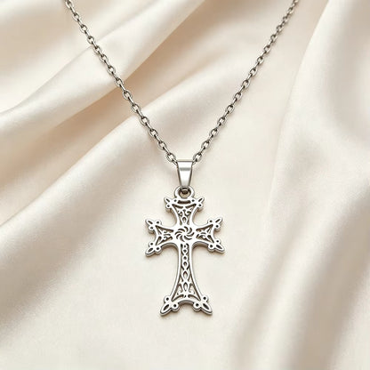 Armenian Cross Necklace, Ornate Openwork Pendant, Silver-Tone