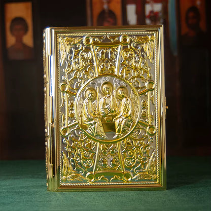 Étui Évangile Orthodoxe Plaqué Or — Icône Trinité en Émail