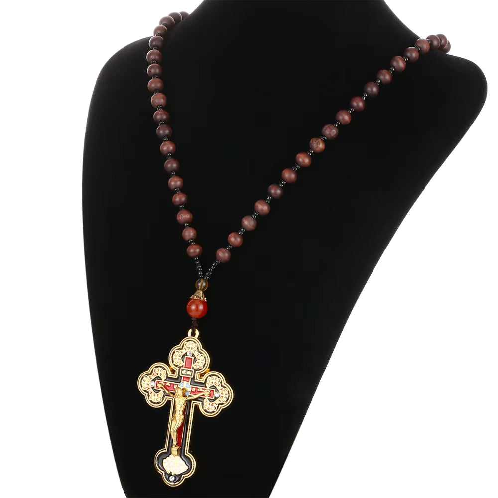 Collier Croix Orthodoxe avec Chapelet en Bois — Pendentif Crucifix Mixte
