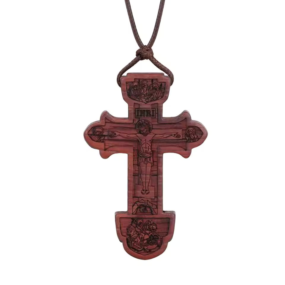Halskette Orthodoxes Kreuz aus Braunem Holz mit INRI-Gravur