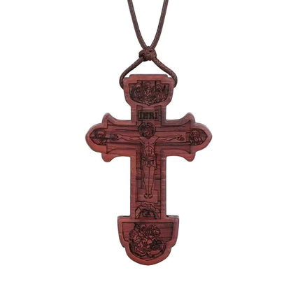 Halskette Orthodoxes Kreuz aus Braunem Holz mit INRI-Gravur