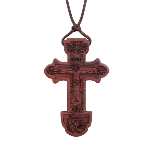 Halskette Orthodoxes Kreuz aus Braunem Holz mit INRI-Gravur