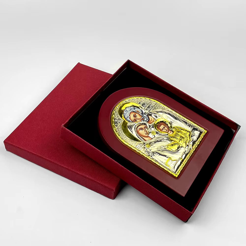Icône Orthodoxe Grecque Sainte Famille Byzantine — Cadre Bois et Alliage Doré, 19 cm