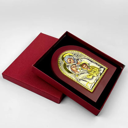 Icône Orthodoxe Grecque Sainte Famille Byzantine — Cadre Bois et Alliage Doré, 19 cm