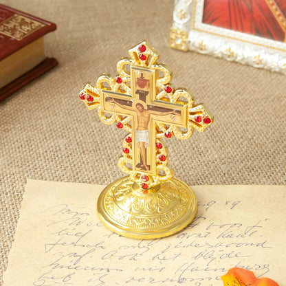 Croix de Table Orthodoxe en Métal avec Pied — Crucifix de Jésus pour Prière