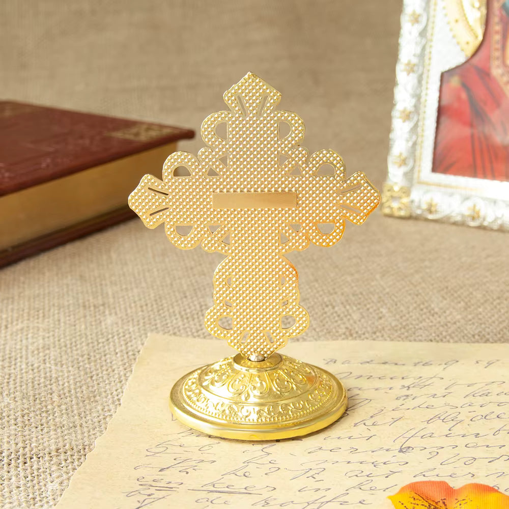 Croix de Table Orthodoxe en Métal avec Pied — Crucifix de Jésus pour Prière