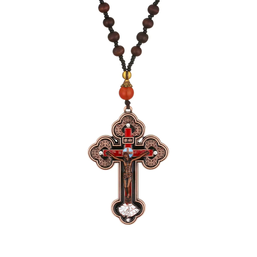 Collier Croix Orthodoxe avec Chapelet en Bois — Pendentif Crucifix Mixte