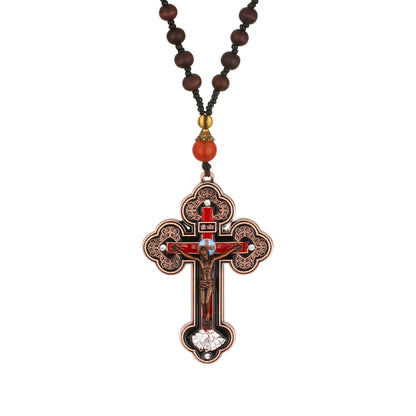 Collier Croix Orthodoxe avec Chapelet en Bois — Pendentif Crucifix Mixte