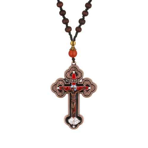 Collier Croix Orthodoxe avec Chapelet en Bois — Pendentif Crucifix Mixte