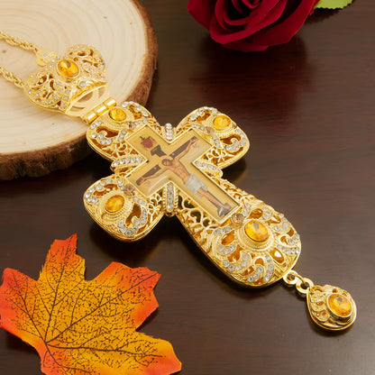 Croix Pectorale Orthodoxe Grecque Dorée avec Crucifix — Collier pour Prêtre ou Évêque