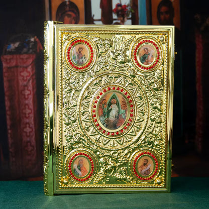 Protège-Évangile Orthodoxe Doré avec Icônes Religieuses — Couverture Bible Évêque Plaquée Or