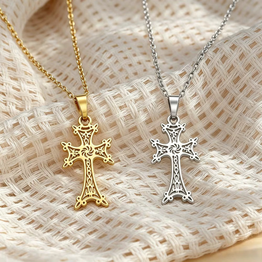 Armenian Cross Necklace, Ornate Openwork Pendant, Silver-Tone