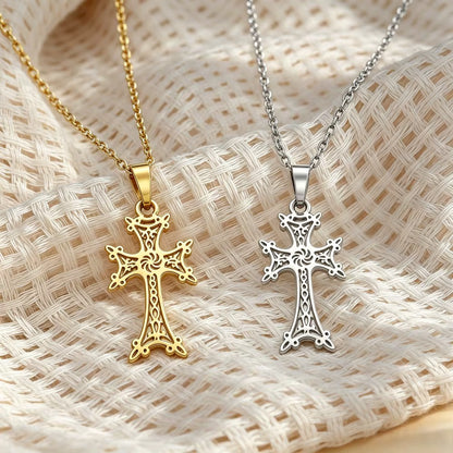 Armenian Cross Necklace, Ornate Openwork Pendant, Silver-Tone