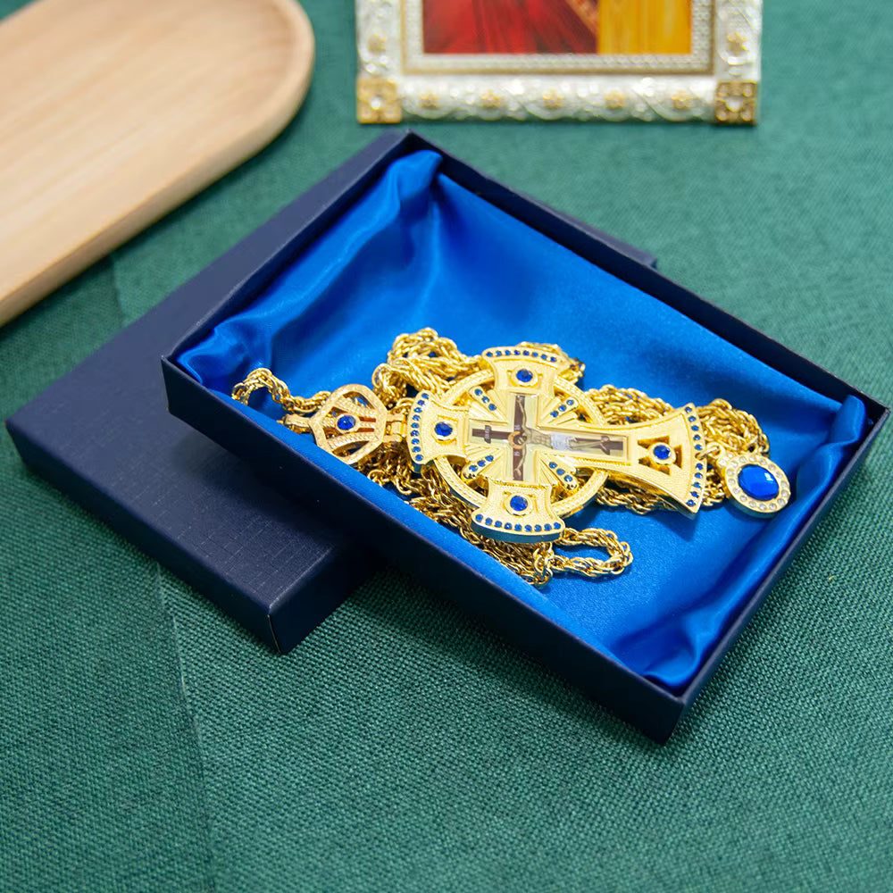 Croix Pectorale Russe Plaquée Or avec Pierre Rouge — Collier Prêtre Orthodoxe