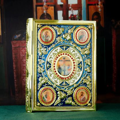 Protège-Évangile Orthodoxe Doré avec Icônes Religieuses — Couverture Bible Évêque Plaquée Or