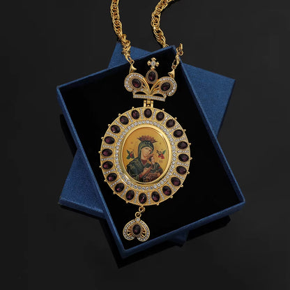 Icon Medallion Pendant of the Virgin Mary — Gold-Tone with Stones