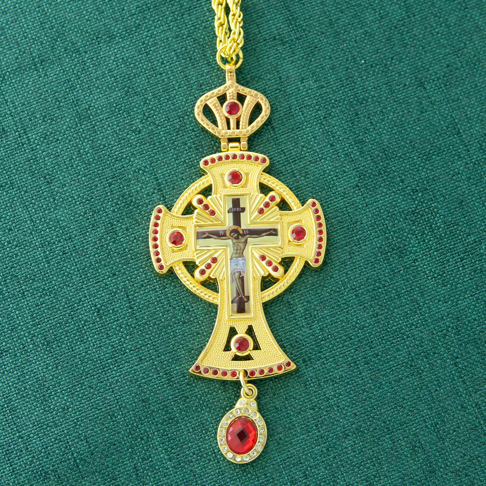Croix Pectorale Russe Plaquée Or avec Pierre Rouge — Collier Prêtre Orthodoxe