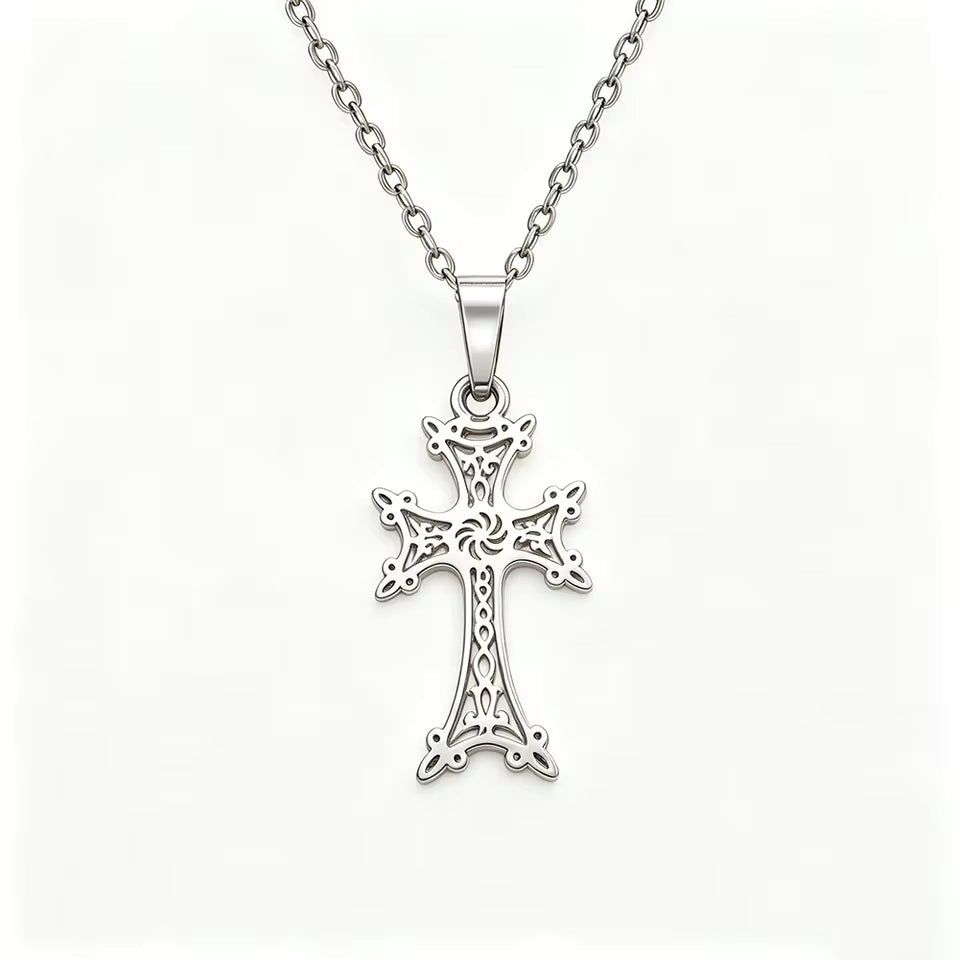 Armenian Cross Necklace, Ornate Openwork Pendant, Silver-Tone