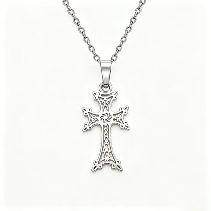 Armenian Cross Necklace, Ornate Openwork Pendant, Silver-Tone